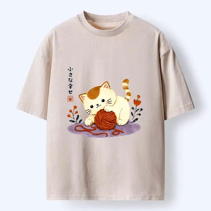 Kyoto-Lion Cute Watercolor Cat Playing With Yarn Washed T-Shirt