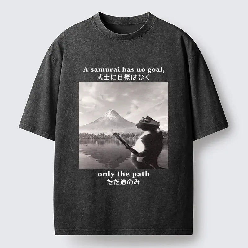 Kyoto-Lion Samurai Cat At Mount Fuji Washed T-Shirt