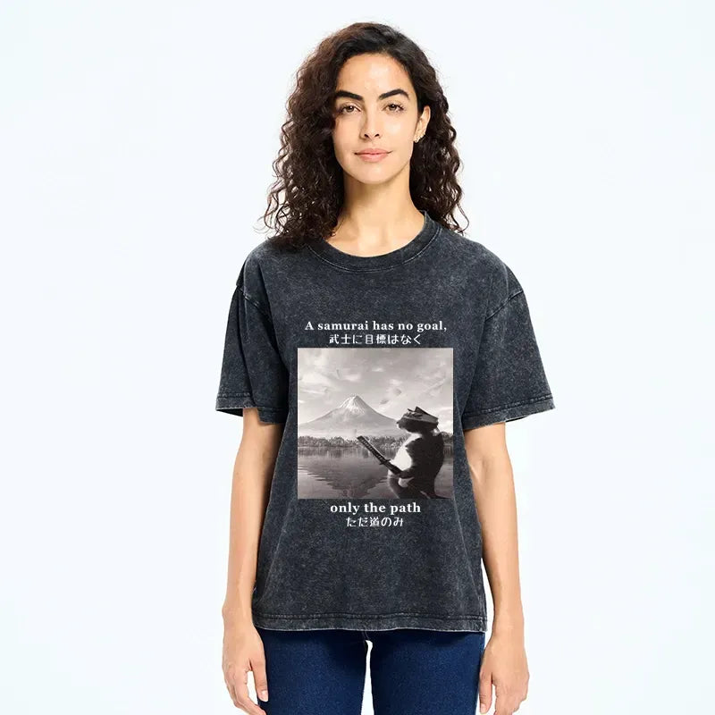 Kyoto-Lion Samurai Cat At Mount Fuji Washed T-Shirt
