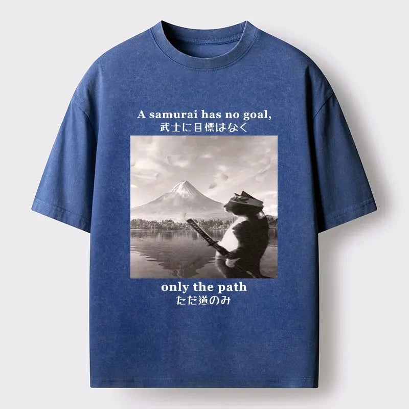 Samurai Cat Mount Fuji Washed T-Shirt