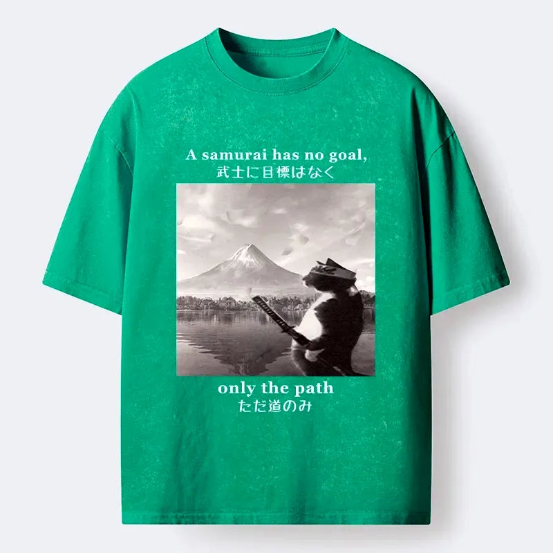 Kyoto-Lion Samurai Cat At Mount Fuji Washed T-Shirt