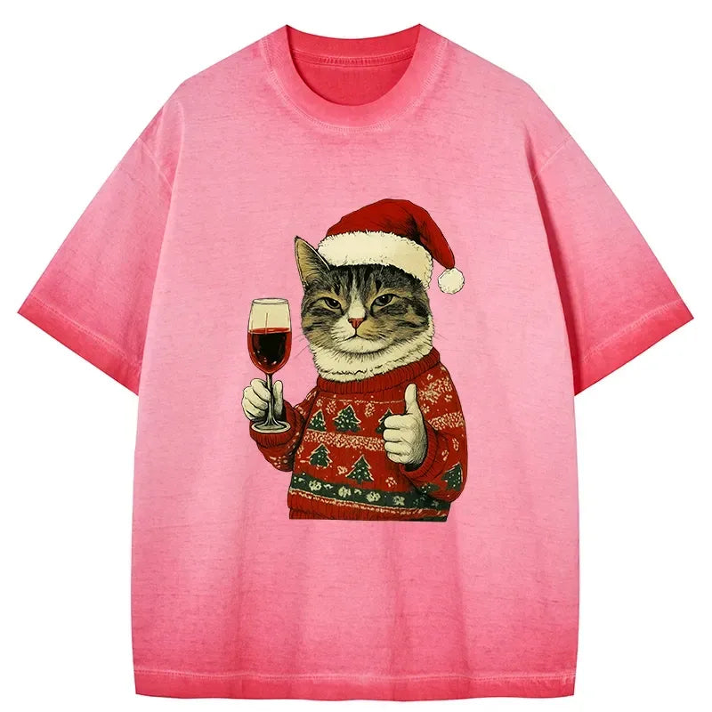 Kyoto-Lion Christmas Cat Likes Gradient Washed T-Shirt