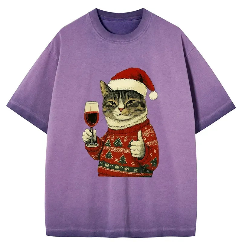 Kyoto-Lion Christmas Cat Likes Gradient Washed T-Shirt
