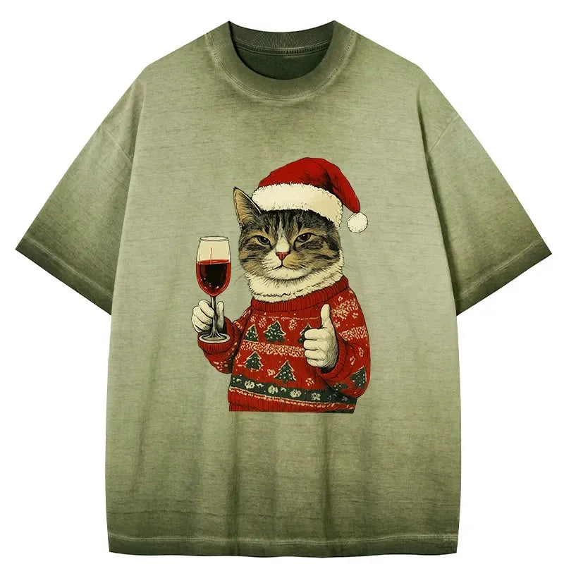 Kyoto-Lion Christmas Cat Likes Gradient Washed T-Shirt