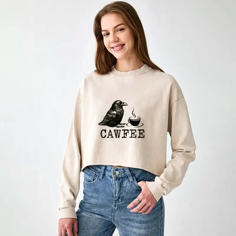 Kyoto-Lion Cawfee Funny Japan Meme Washed Crop Sweatshirt