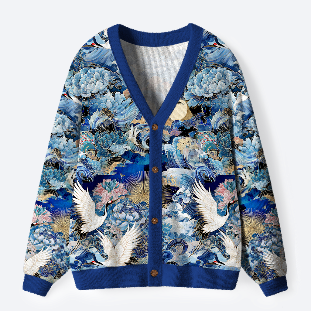 Kyoto-Lion Ukiyo Cranes of the Great Ugly Cardigan Sweater