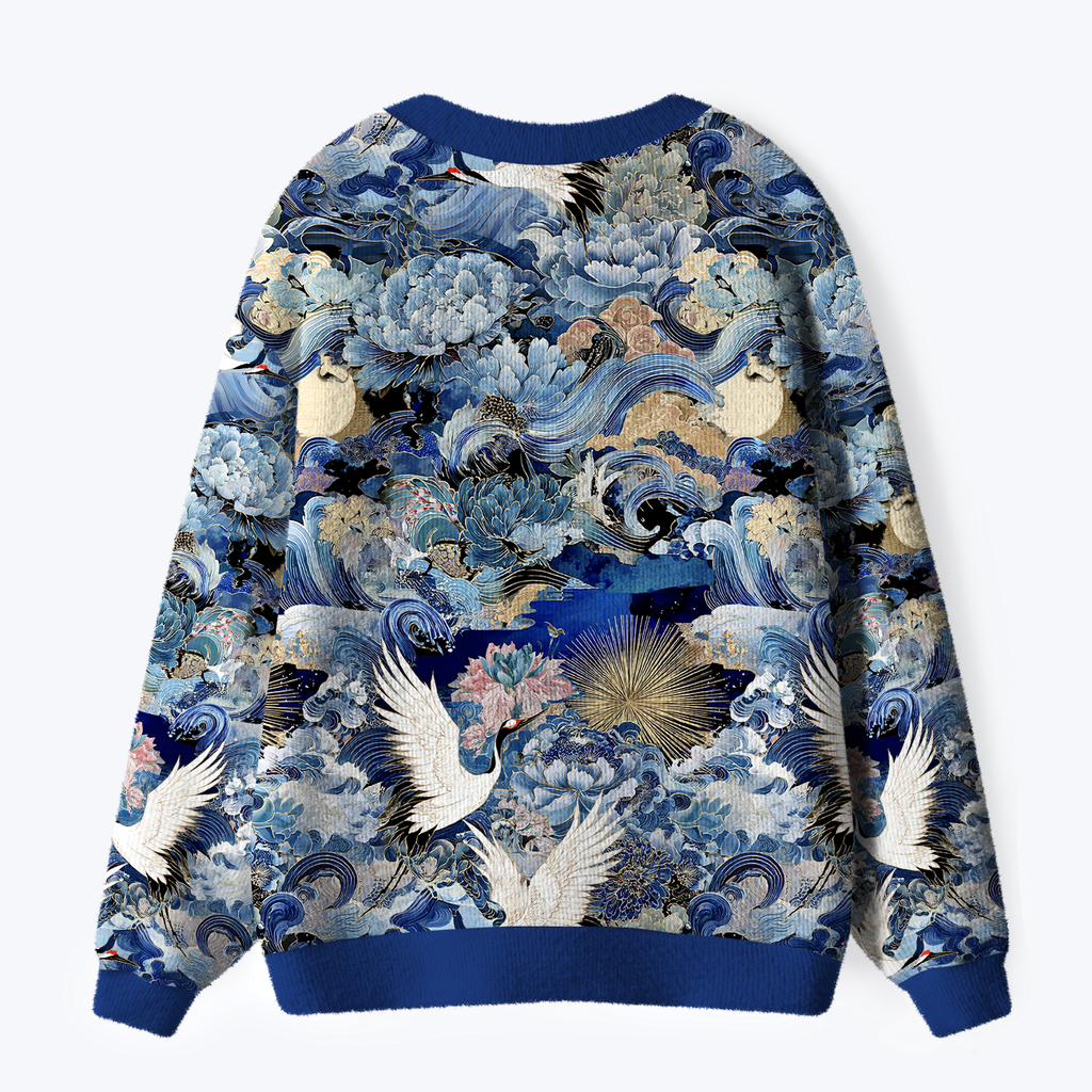 Japanese Ukiyo-e Crane Cardigan Sweater