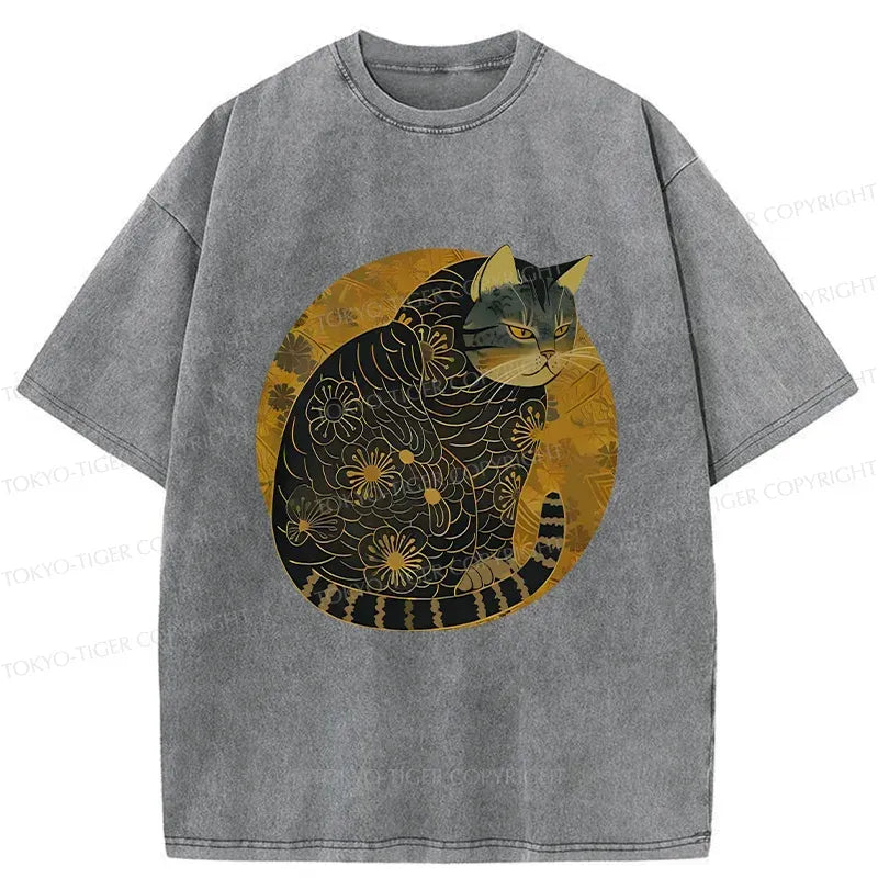 Kyoto-Lion Japanese Retro Cat Washed T-Shirt