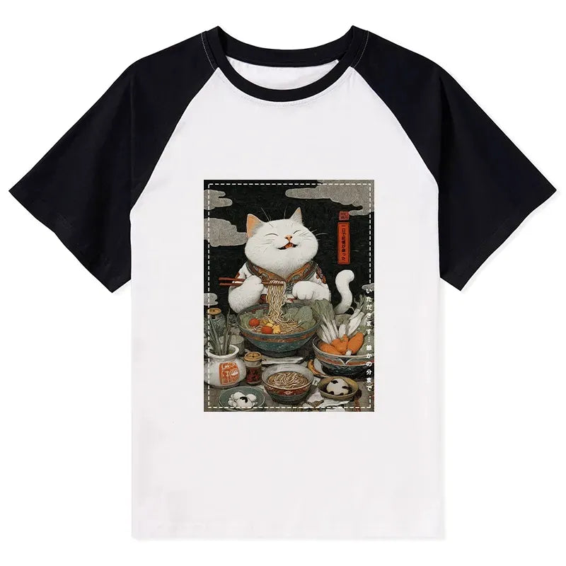 Ramen-Loving Cat Raglan T-shirt