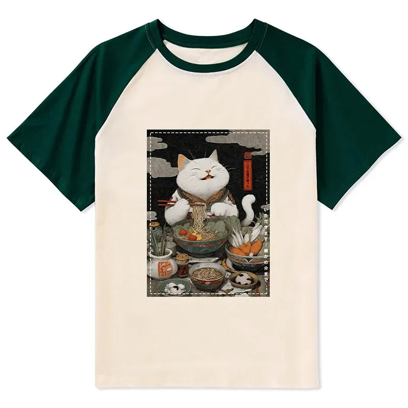 Ramen-Loving Cat Raglan T-shirt
