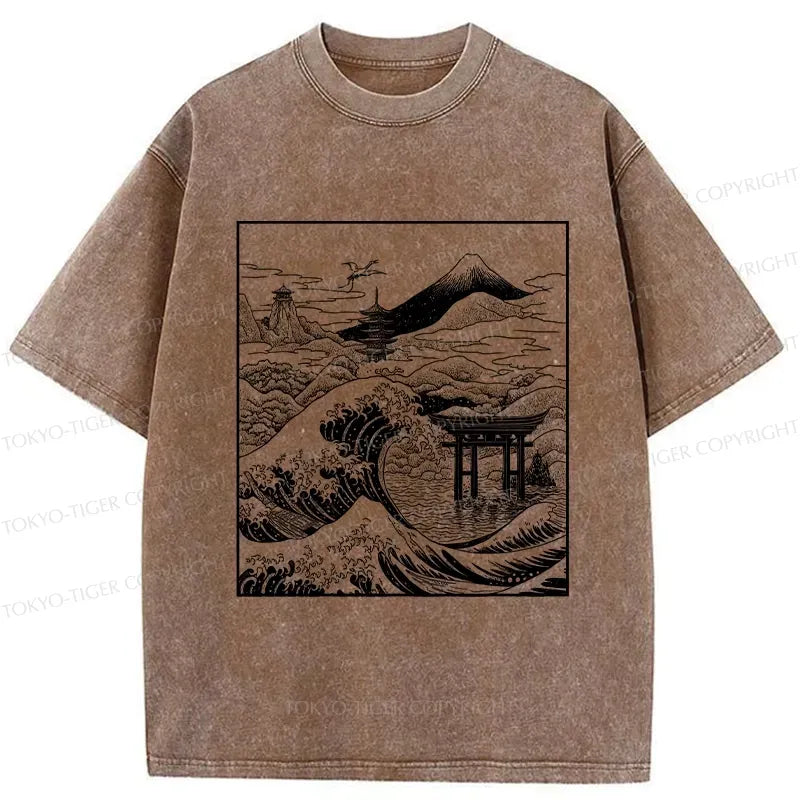 Retro Japanese landscape Washed T-Shirt for Men