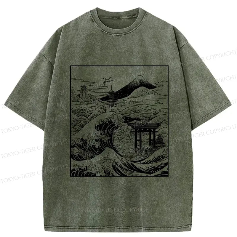 Kyoto-Lion Retro Japanese landscape Washed T-Shirt