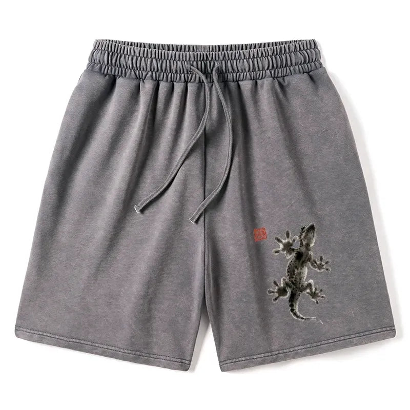 Kyoto-Lion Minimal Asian Ink Brush Gecko Vibe Washed Shorts