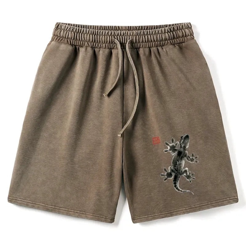 Kyoto-Lion Minimal Asian Ink Brush Gecko Vibe Washed Shorts