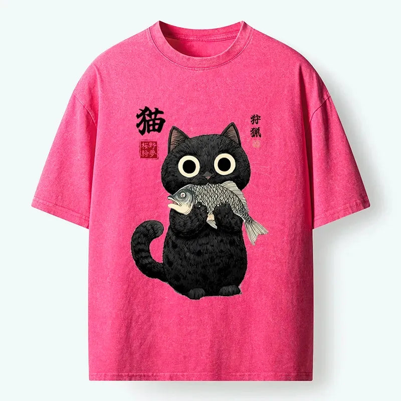 Washed Unisex T-Shirt with Japanese Cat Design