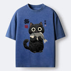 Kyoto-Lion Black Cat Caught A Big Fish Washed T-Shirt