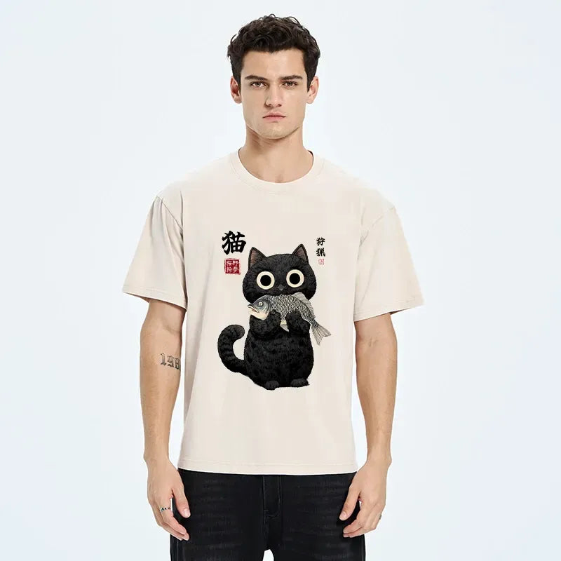 Washed Unisex T-Shirt with Japanese Cat Design
