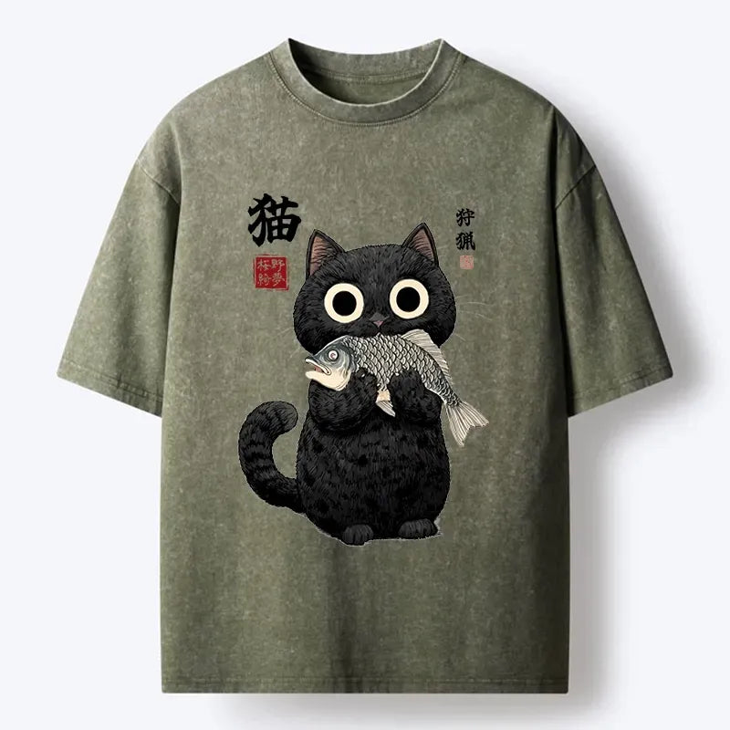 Japanese Black Cat Fish T-Shirt for Daily Wear