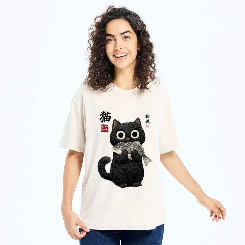 Japanese Black Cat Fish T-Shirt for Daily Wear