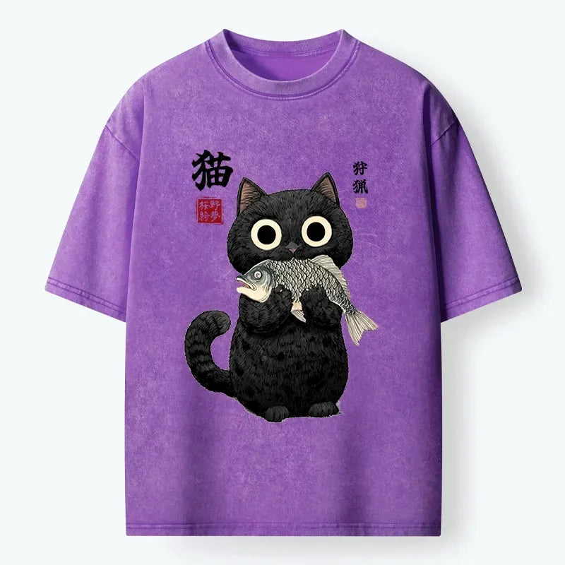 Washed Unisex T-Shirt with Japanese Cat Design