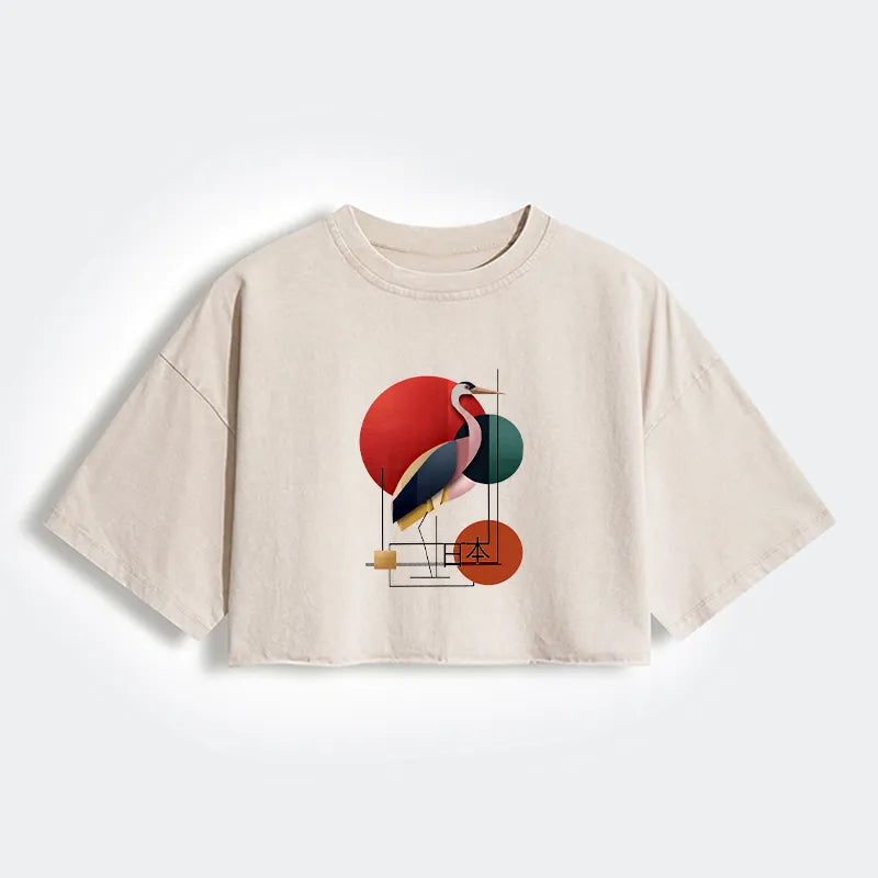 Kyoto-Lion Geometric Crane Art Women's Washed Crop T-Shirt