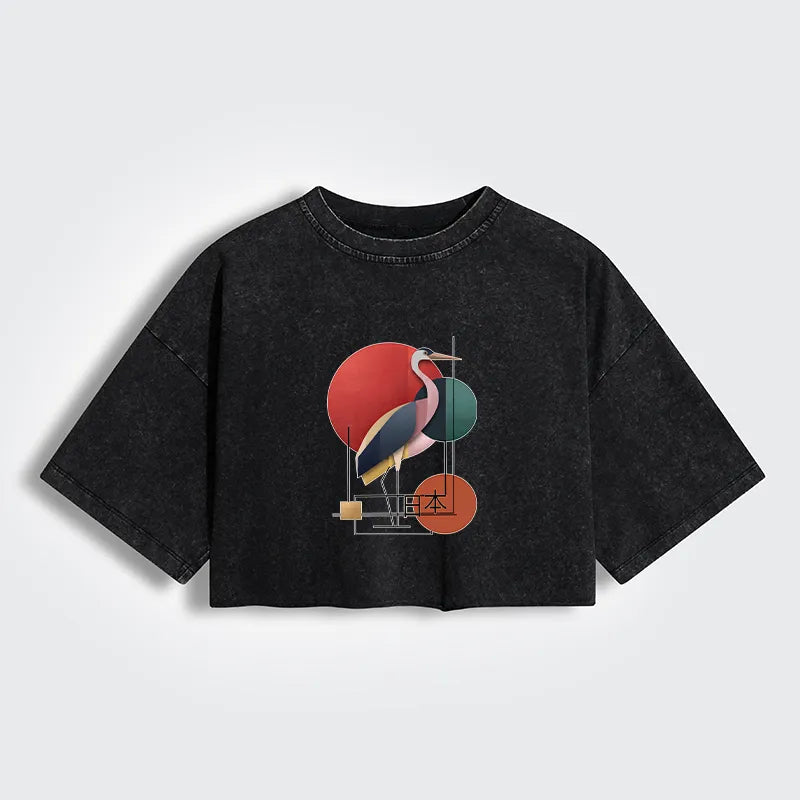 Kyoto-Lion Geometric Crane Art Women's Washed Crop T-Shirt