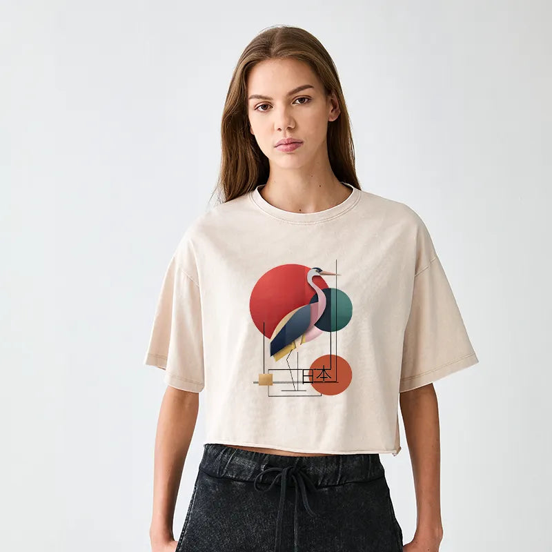 Kyoto-Lion Geometric Crane Art Women's Washed Crop T-Shirt