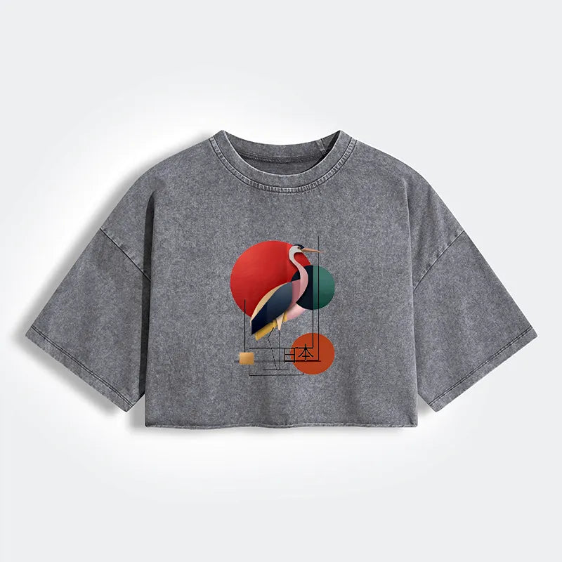 Kyoto-Lion Geometric Crane Art Women's Washed Crop T-Shirt