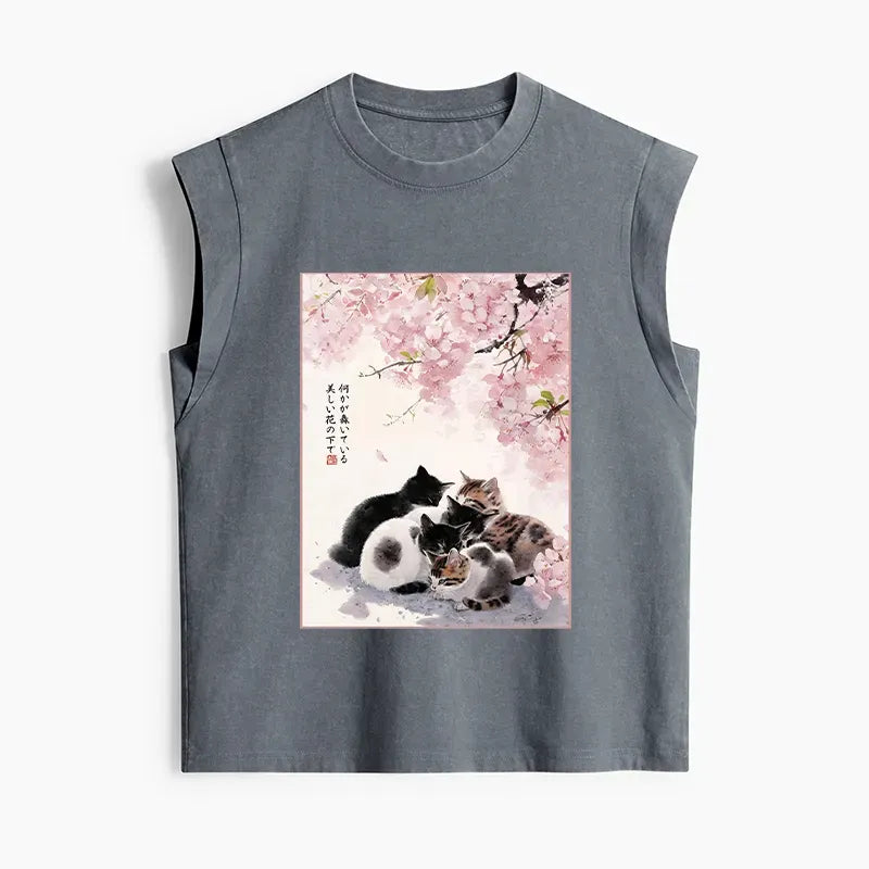 Kyoto-Lion Cute Cats Sakura Garden Women's Washed Tank Tops