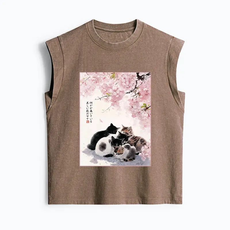 Kyoto-Lion Cute Cats Sakura Garden Women's Washed Tank Tops
