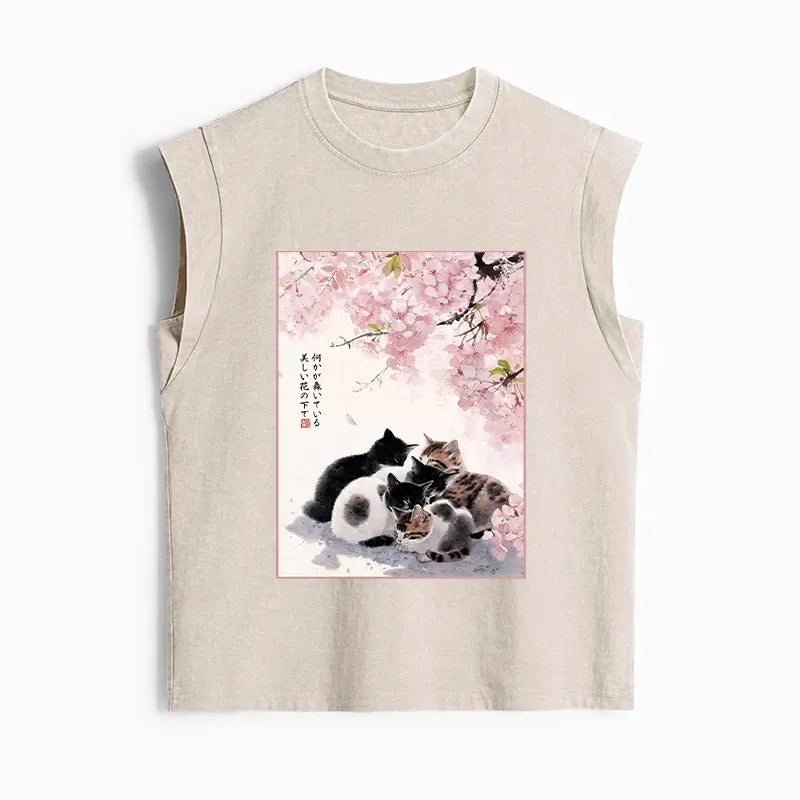 Kyoto-Lion Cute Cats Sakura Garden Women's Washed Tank Tops