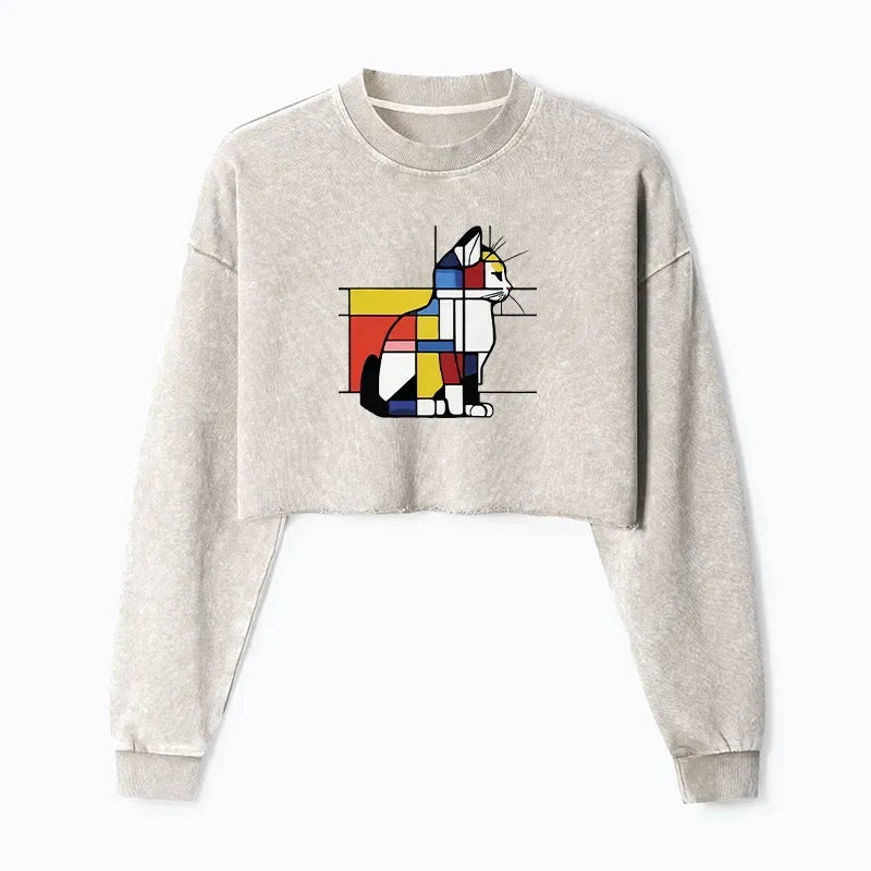 Kyoto-Lion Geometric Cat Art In Primary Colors Washed Crop Sweatshirt