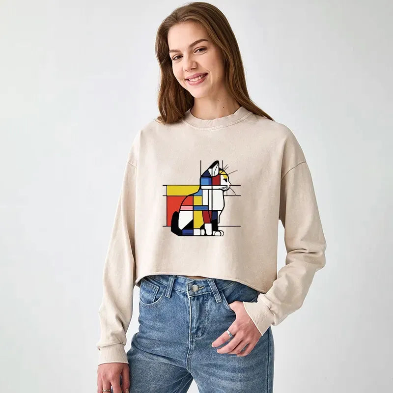 Japanese geometric cat crop sweatshirt