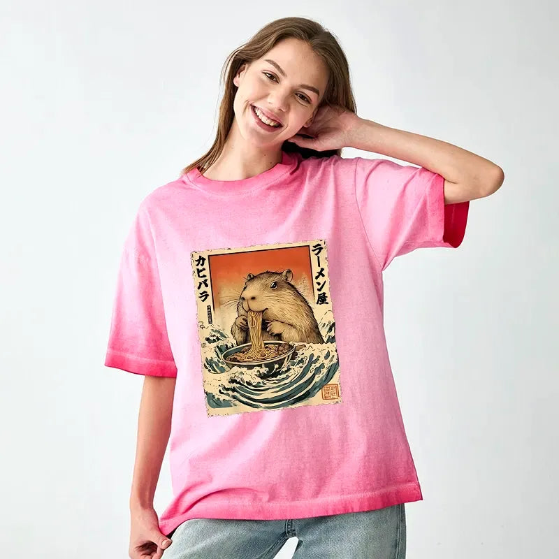 Kyoto-Lion Hamster Eating Ramen Gradient Washed T-Shirt