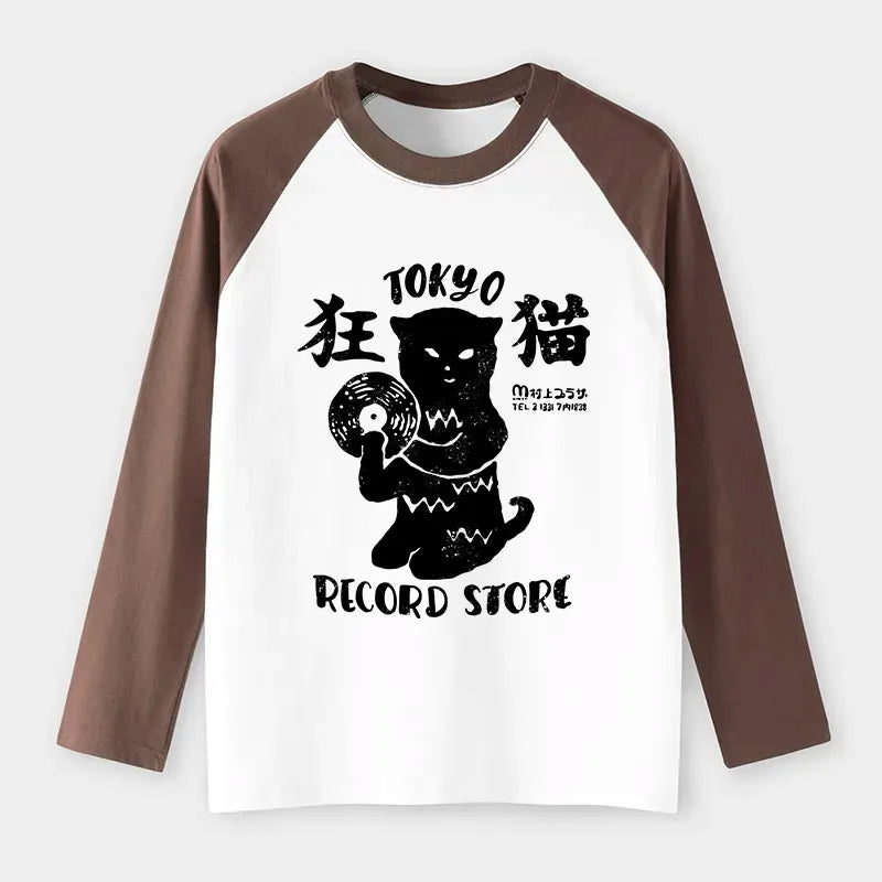 Kyoto-Lion Tokyo Record Store Cat CD Raglan Long Sleeve T-shirt