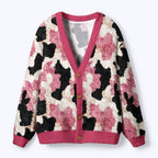 Kyoto-Lion Pink-Patch Pastures: Whimsical Cow Print Ugly Cardigan Sweater