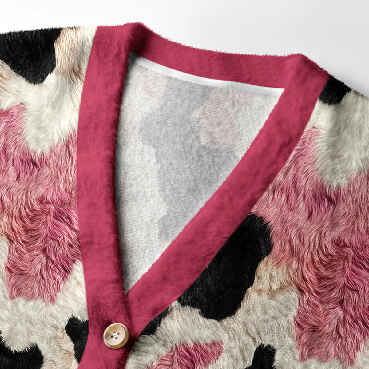 Kyoto-Lion Pink-Patch Pastures: Whimsical Cow Print Ugly Cardigan Sweater