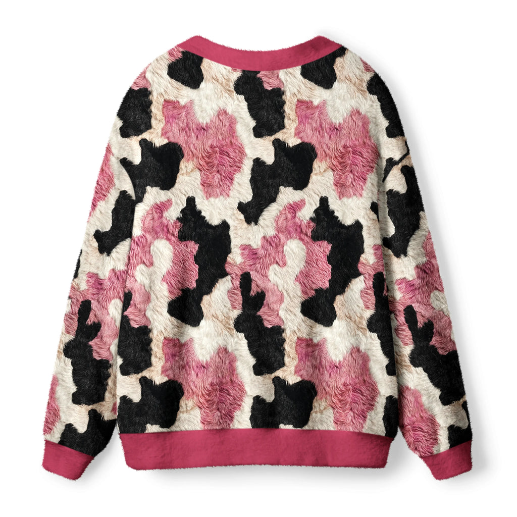 Kyoto-Lion Pink-Patch Pastures: Whimsical Cow Print Ugly Cardigan Sweater