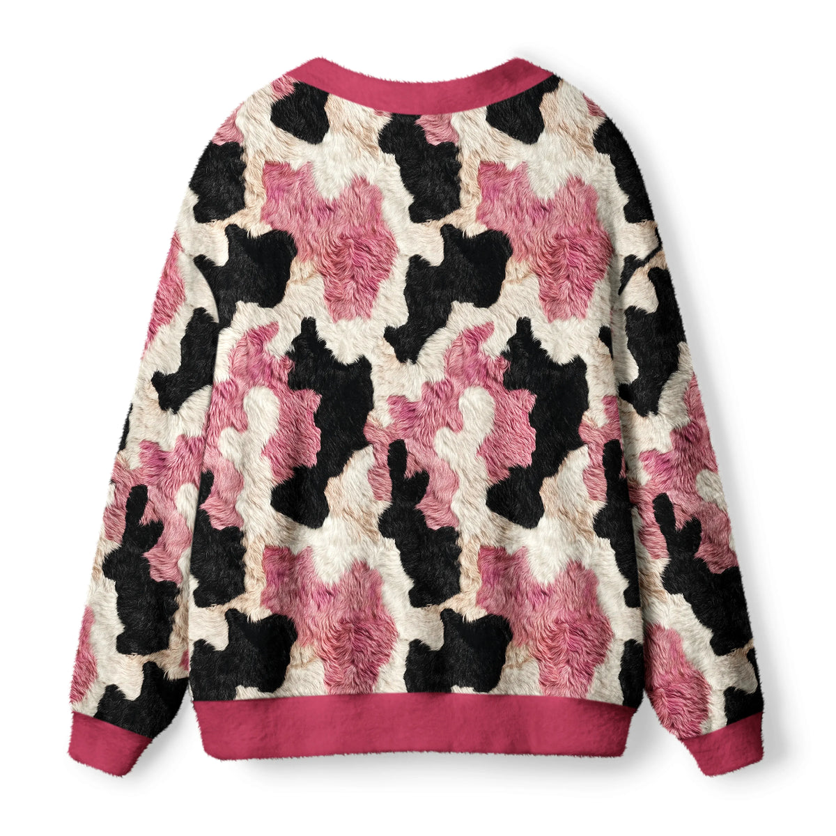 Kyoto-Lion Pink-Patch Pastures: Whimsical Cow Print Ugly Cardigan Sweater
