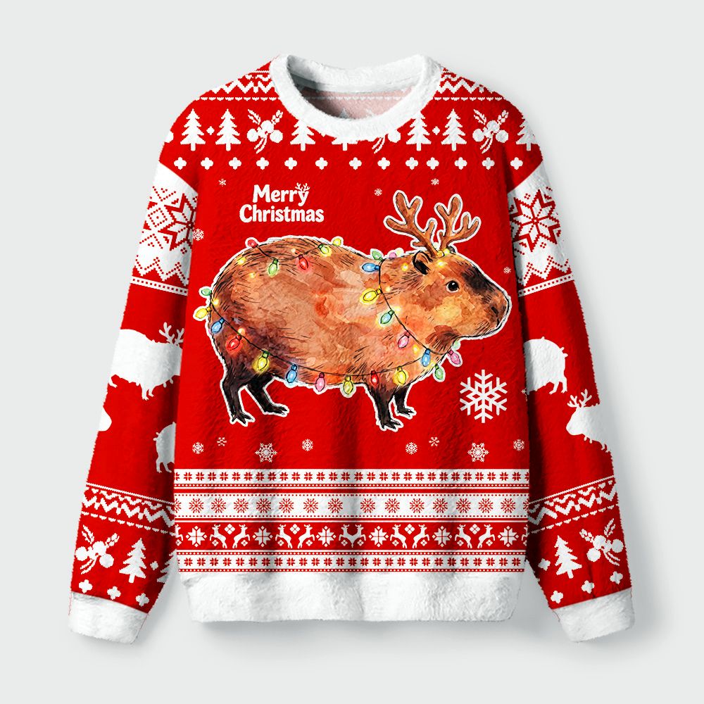 Kyoto-Lion Christmas Capybara Glow Fuzzy Christmas Ugly Sweatshirt