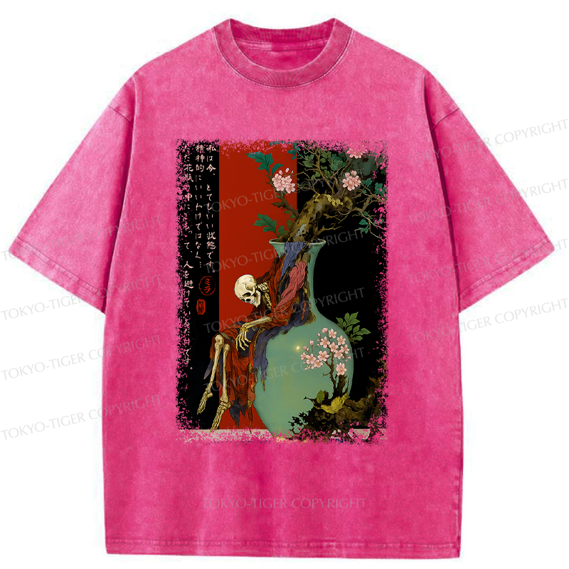 Kyoto-Lion Flower Skeleton Japanese Ukiyoe Halloween Poster Washed T-Shirt
