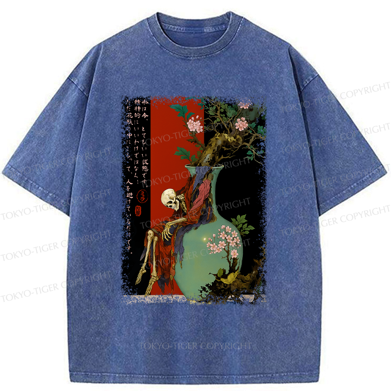 Kyoto-Lion Flower Skeleton Japanese Ukiyoe Halloween Poster Washed T-Shirt