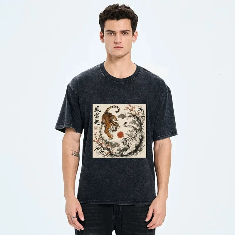 Kyoto-Lion Sumi Ink Yin Yang Twin Tigers Art Washed T-Shirt
