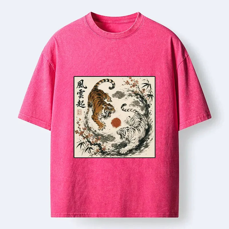 Kyoto-Lion Sumi Ink Yin Yang Twin Tigers Art Washed T-Shirt