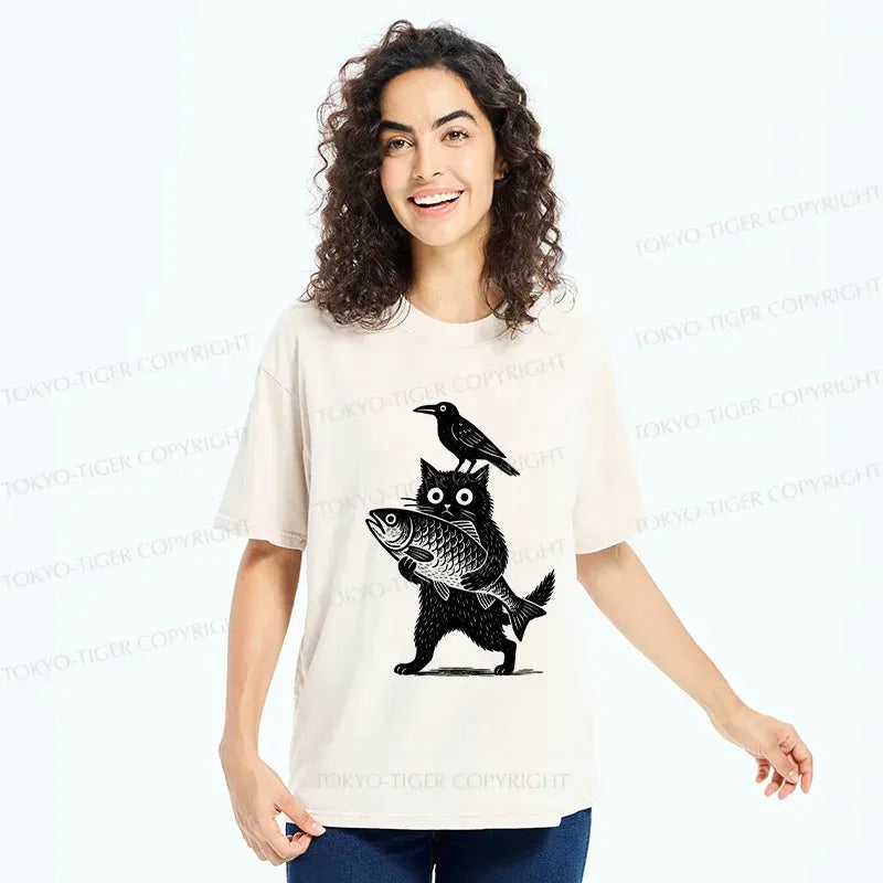 Kyoto-Lion Black Animals Funny Washed T-Shirt