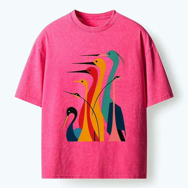 Kyoto-Lion Various Types Of Cranes Washed T-Shirt