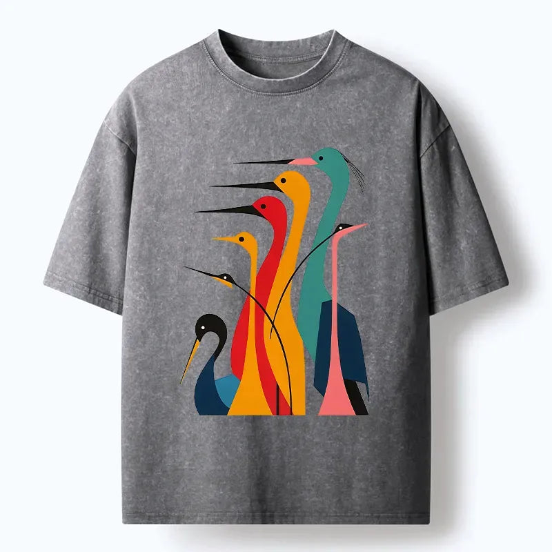 Kyoto-Lion Various Types Of Cranes Washed T-Shirt