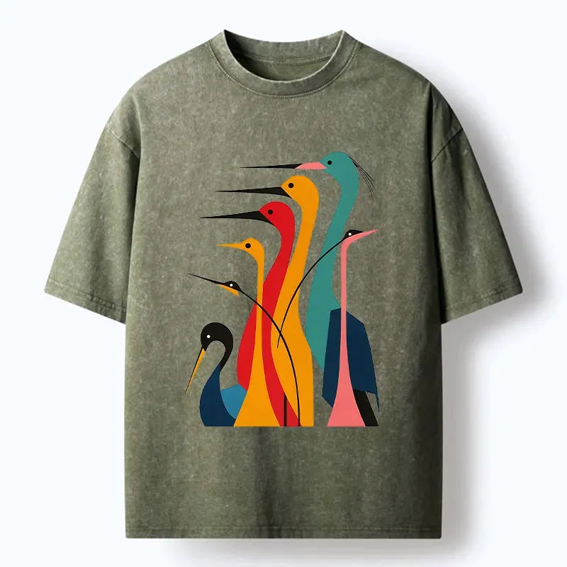 Kyoto-Lion Various Types Of Cranes Washed T-Shirt
