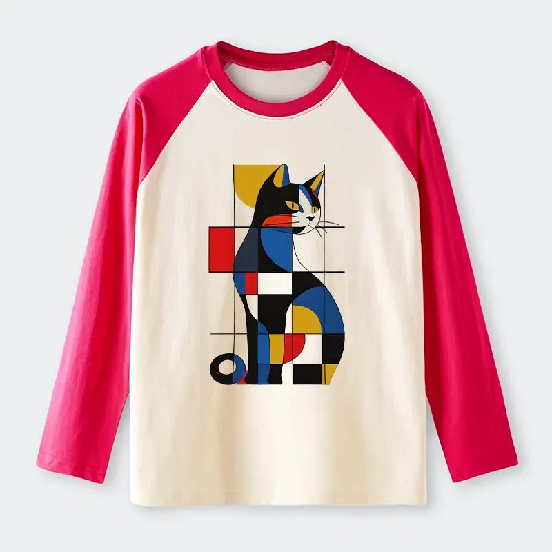 Kyoto-Lion Mondrian Cat Raglan Long Sleeve T-shirt