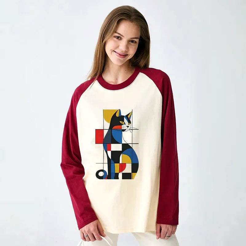 Kyoto-Lion Mondrian Cat Raglan Long Sleeve T-shirt